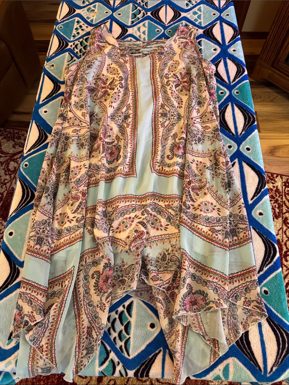 ONE WORLD Light Blue Paisley Asymmetrical Dress with Pink Accents
